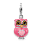 Amore La Vita Sterling Silver Rhodium-plated Polished 3-D Pink Enameled Heart Owl Charm with Fancy Lobster Clasp