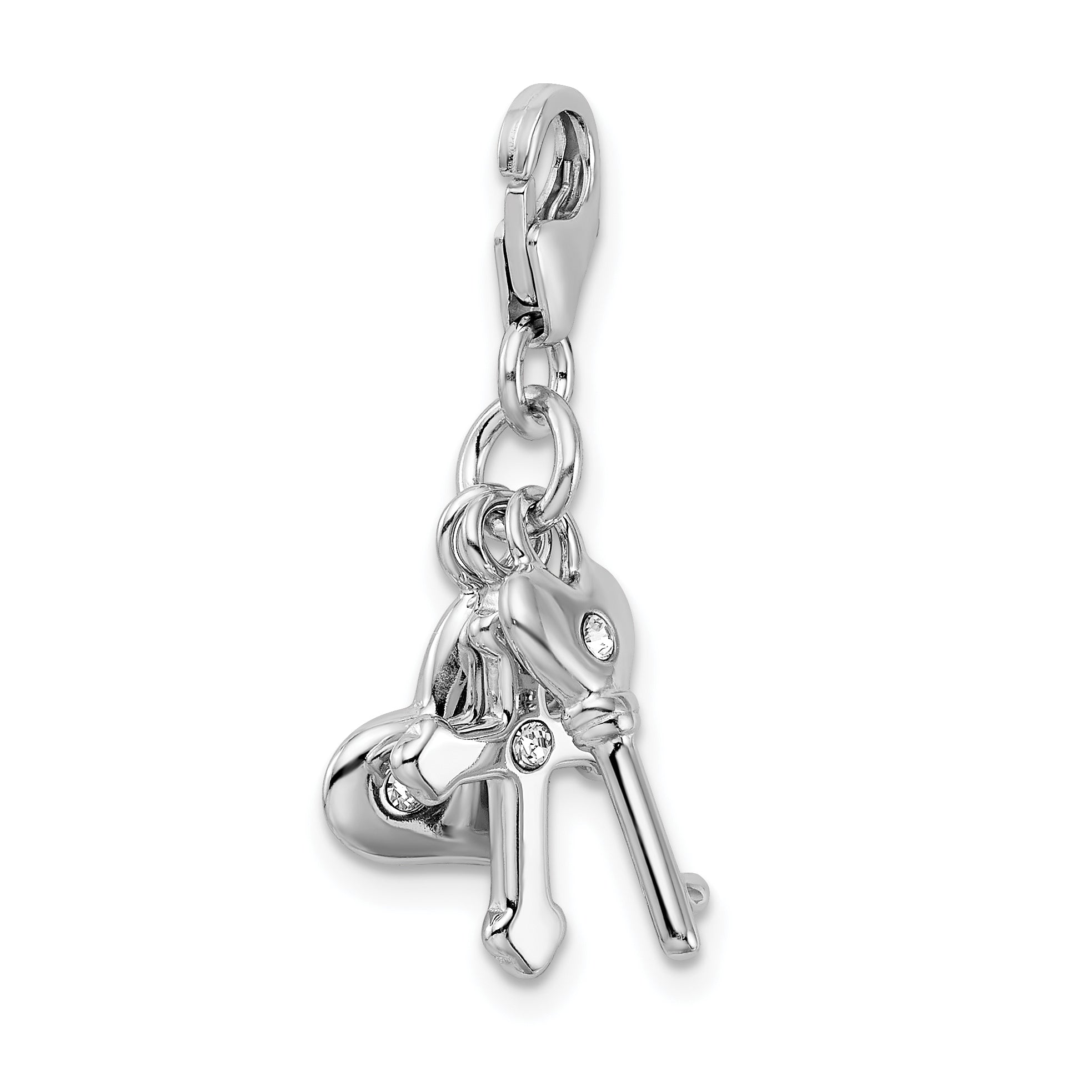 Amore La Vita Sterling Silver Rhodium-plated Polished Heart Cross and Key with Crystal From Swarovski Charm with Fancy Lobster Clasp