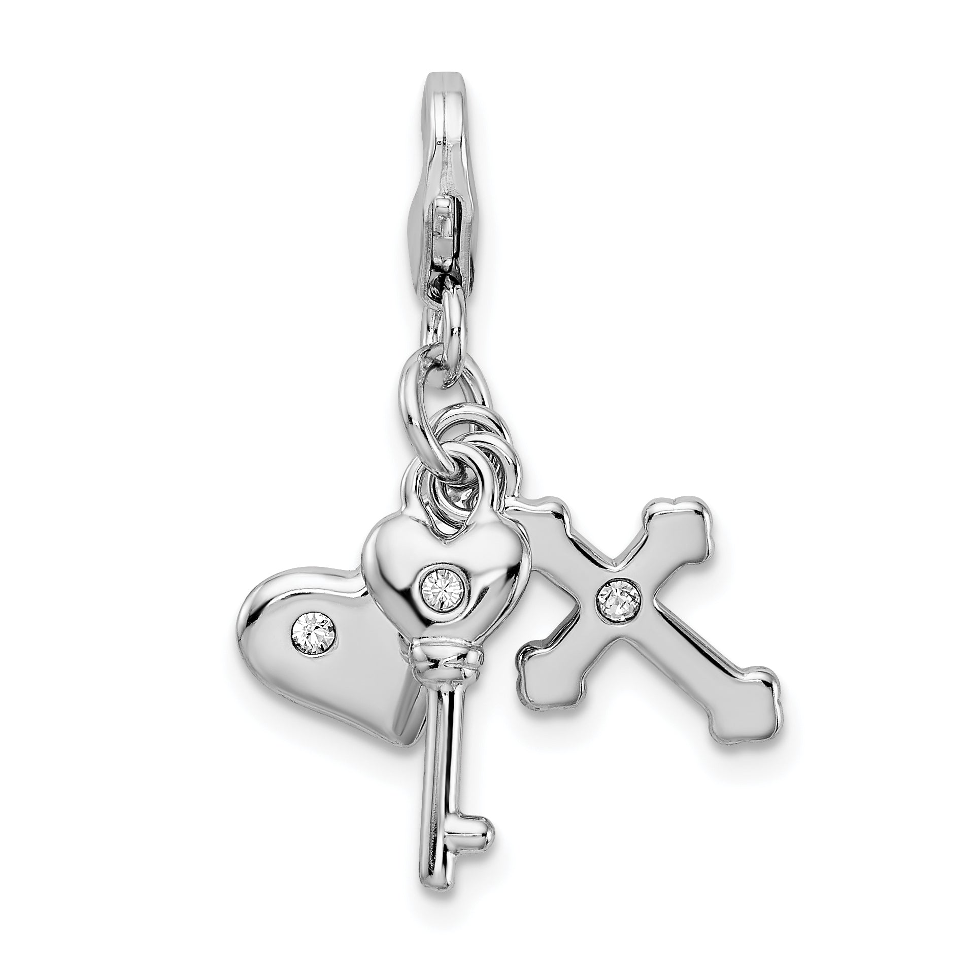 Amore La Vita Sterling Silver Rhodium-plated Polished Heart Cross and Key with Crystal From Swarovski Charm with Fancy Lobster Clasp