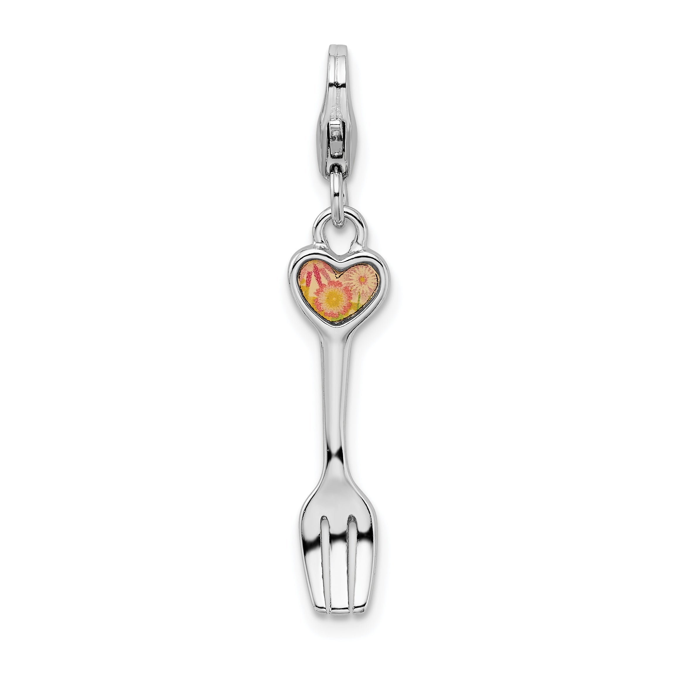 Sterling Silver RH 3-D Flower Heart Fork w/Lobster Clasp Charm Main image