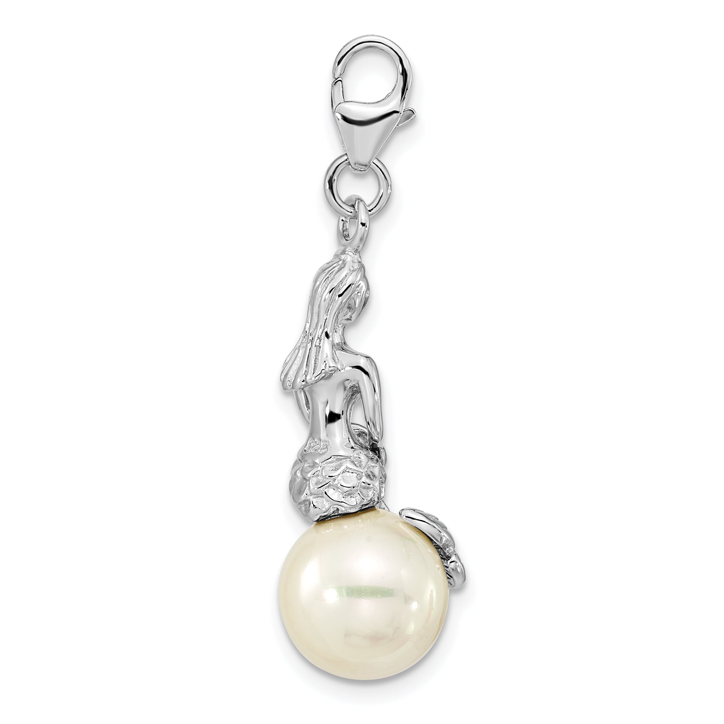 Amore La Vita Sterling Silver Rhodium-plated 3-D Mother of Pearl Mermaid Charm with Fancy Lobster Clasp