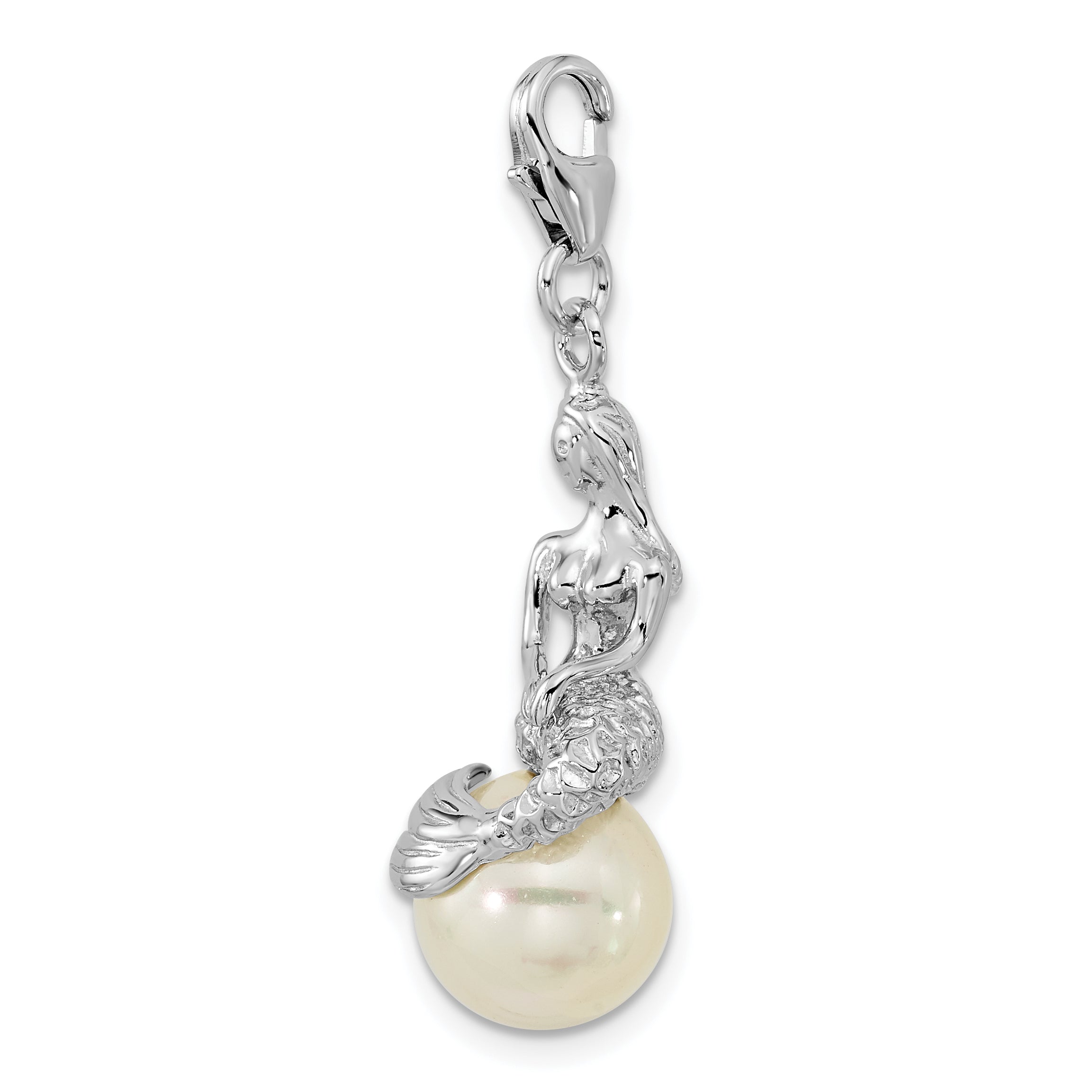 Amore La Vita Sterling Silver Rhodium-plated 3-D Mother of Pearl Mermaid Charm with Fancy Lobster Clasp