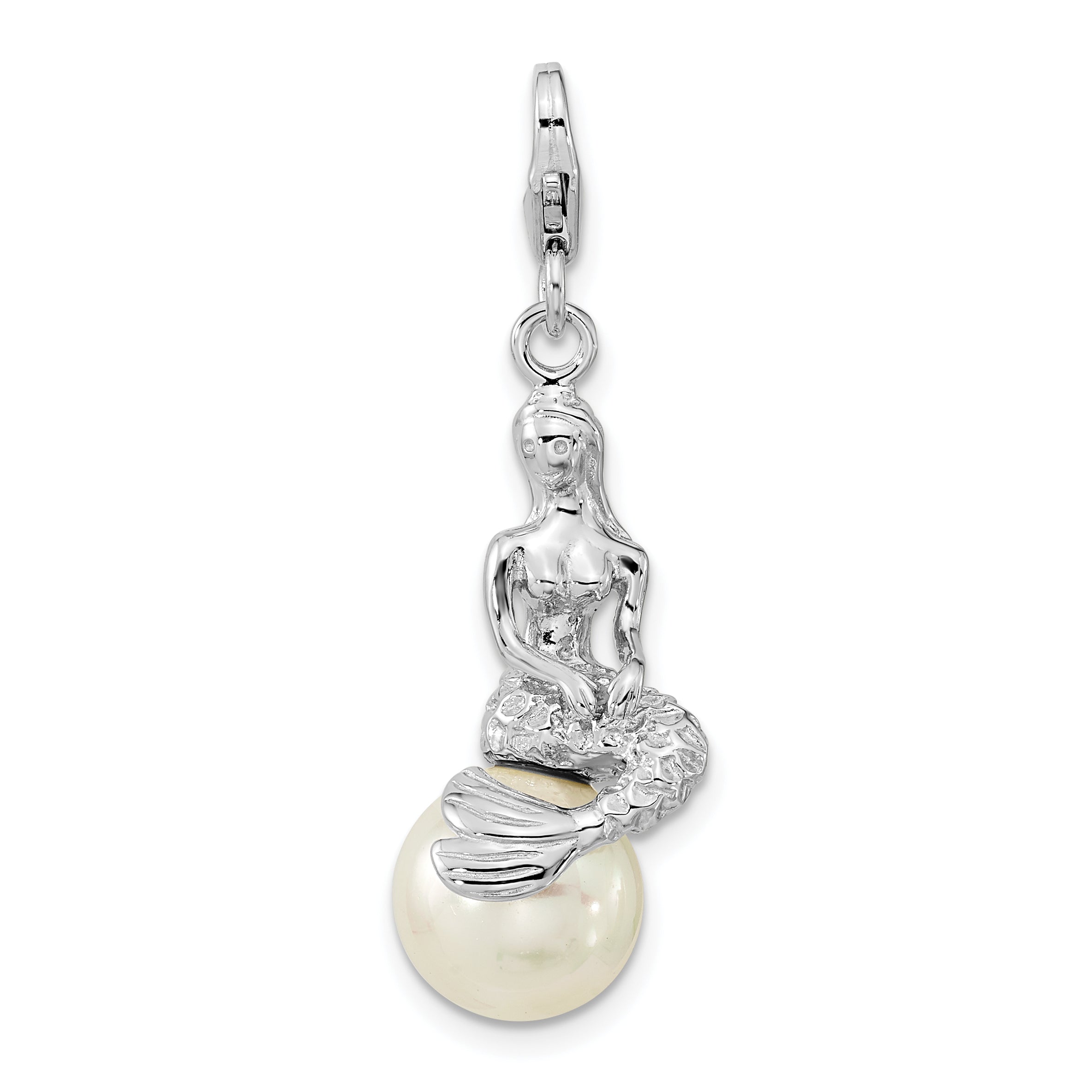 Amore La Vita Sterling Silver Rhodium-plated 3-D Mother of Pearl Mermaid Charm with Fancy Lobster Clasp