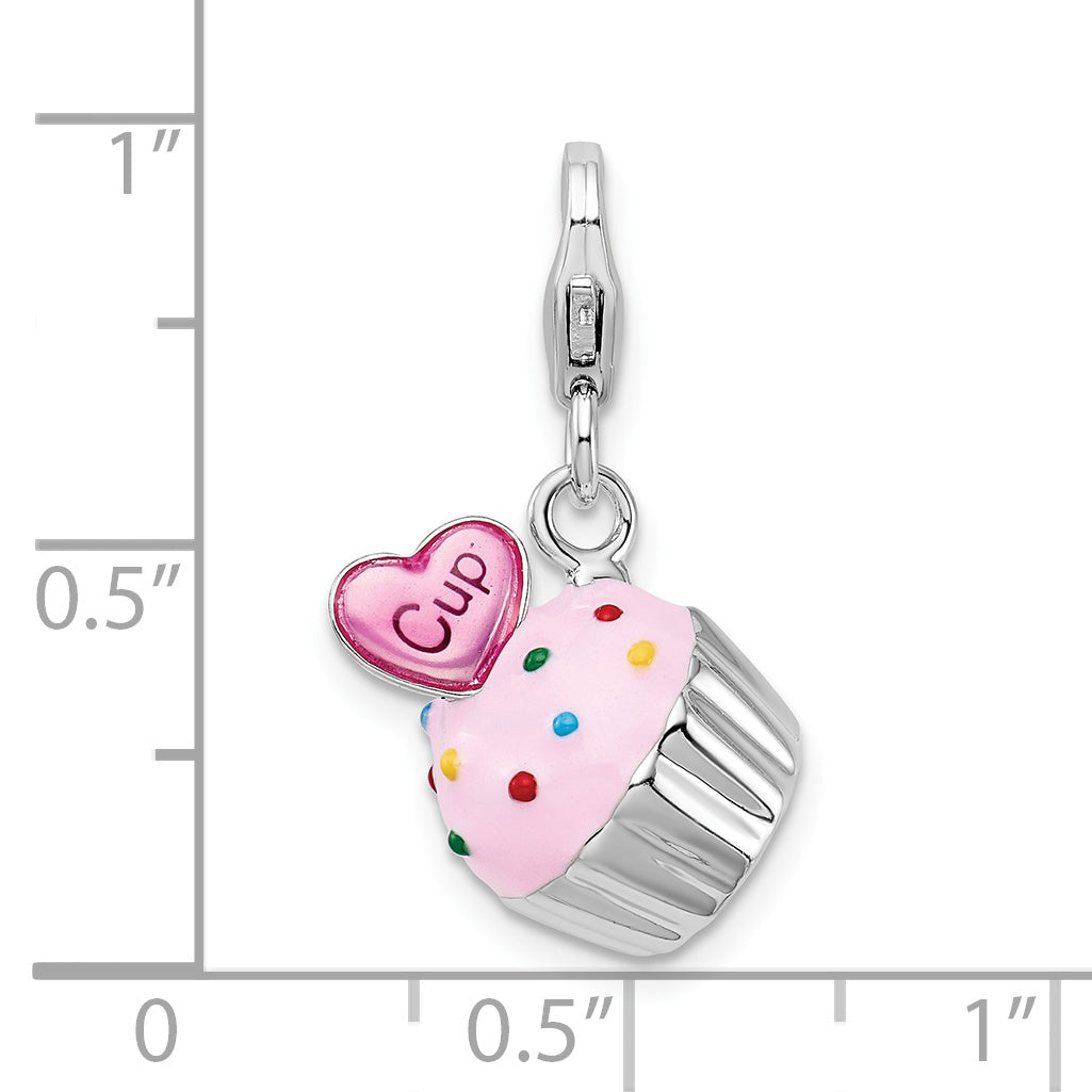 Amore La Vita Sterling Silver Rhodium-plated Polished 3-D Enameled Cupcake and Heart Charm with Fancy Lobster Clasp