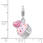 Amore La Vita Sterling Silver Rhodium-plated Polished 3-D Enameled Cupcake and Heart Charm with Fancy Lobster Clasp