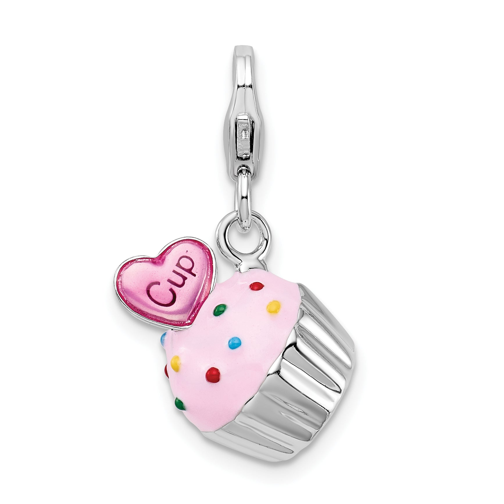 Amore La Vita Sterling Silver Rhodium-plated Polished 3-D Enameled Cupcake and Heart Charm with Fancy Lobster Clasp Main image