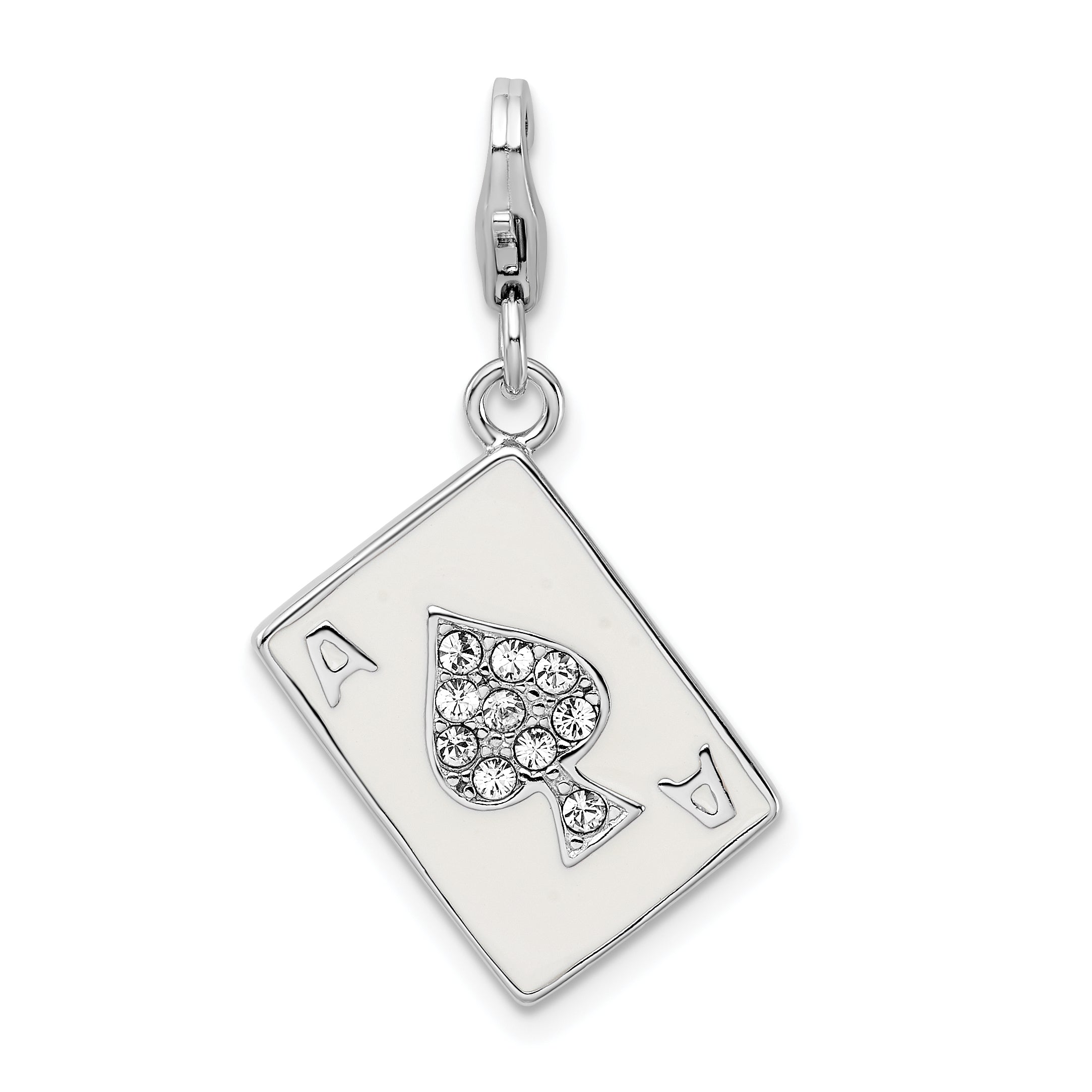 Amore La Vita Sterling Silver Rhodium-plated Polished 3-D Enameled Swarovski Crystal Ace Charm with Fancy Lobster Clasp Main image