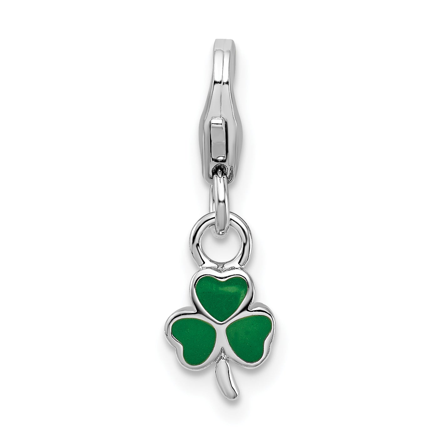 Amore La Vita Sterling Silver Rhodium-plated Polished 3-D Green Enameled Clover Charm with Fancy Lobster Clasp Main image