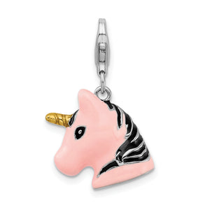 Pink Enameled Unicorn Head Charm in Sterling Silver with Lobster Clasp - Sophia Jewelers