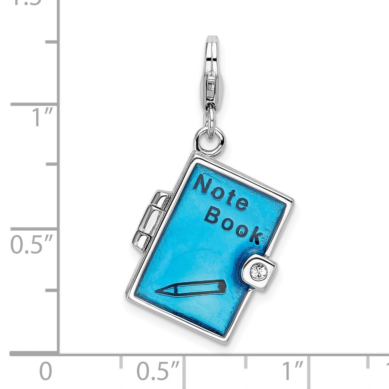 Amore La Vita Sterling Silver Rhodium-plated Polished 3-D Moveable Crystal From Crystal Enameled 3-D Note Book Charm with Fancy Lobster Clasp