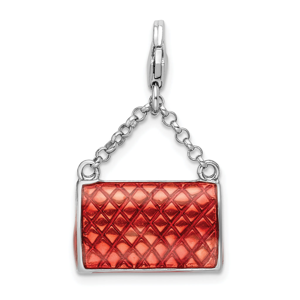 Enameled Purse Charm in Sterling Silver with Swarovski Crystal