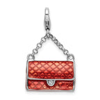 Amore La Vita Sterling Silver Rhodium-plated Polished 3-D Enameled with Swarovski Crystal Purse Charm with Fancy Lobster Clasp