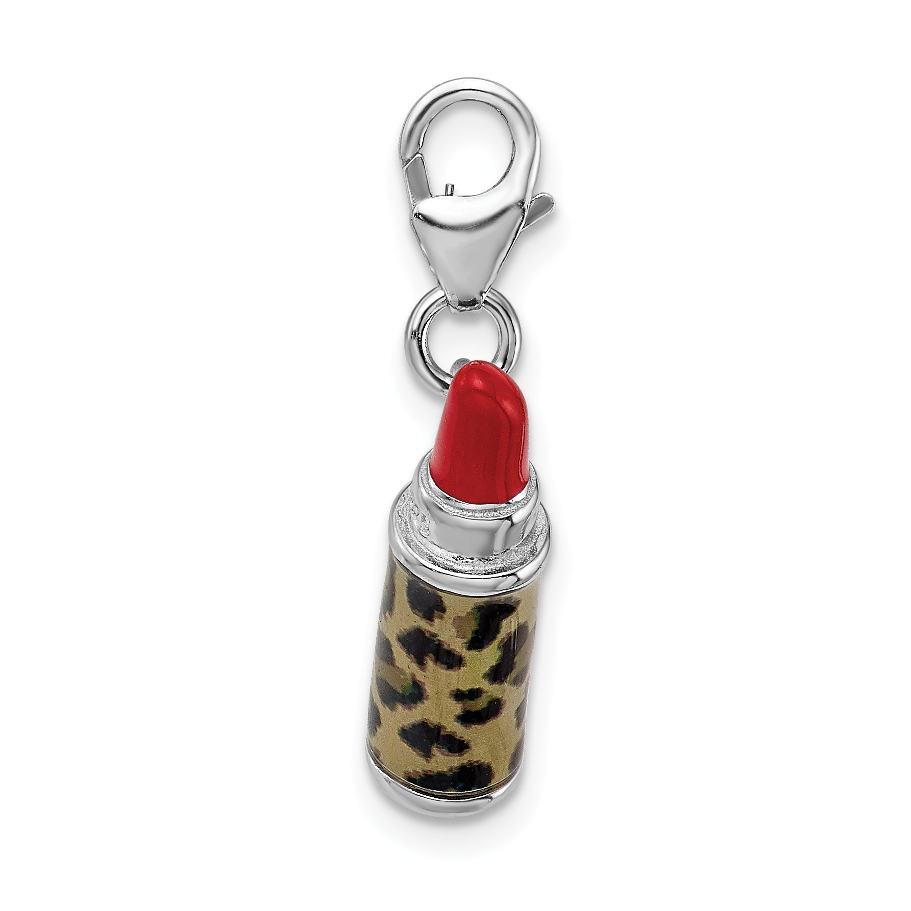 Amore La Vita Sterling Silver Rhodium-plated Polished 3-D Enameled Leopard Lipstick Charm with Fancy Lobster Clasp Secondary image