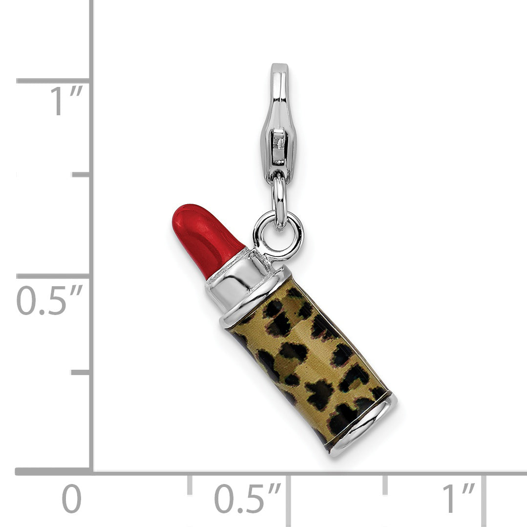 Amore La Vita Sterling Silver Rhodium-plated Polished 3-D Enameled Leopard Lipstick Charm with Fancy Lobster Clasp