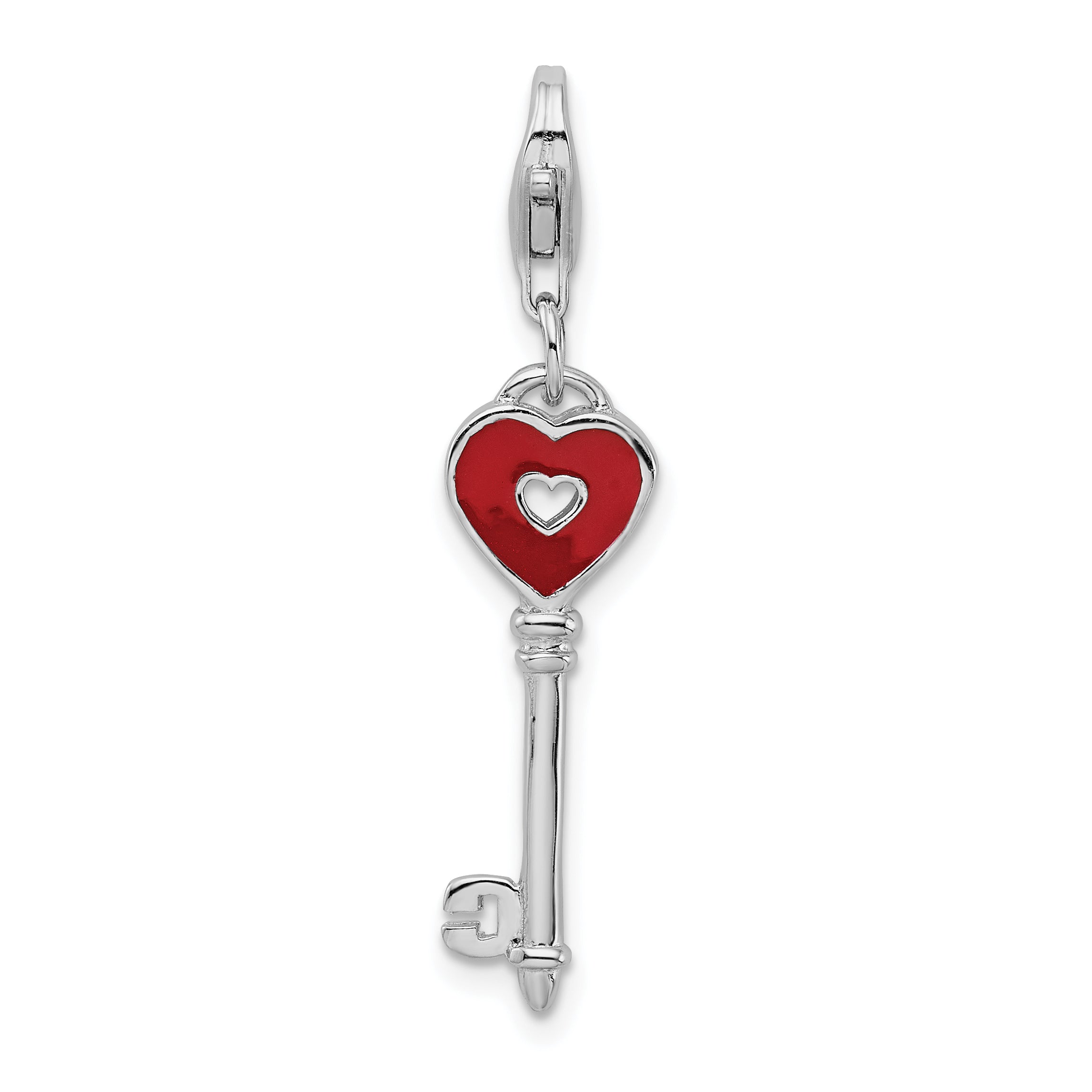 Amore La Vita Sterling Silver Rhodium-plated Polished 3-D Enameled Heart Key Charm with Fancy Lobster Clasp Main image