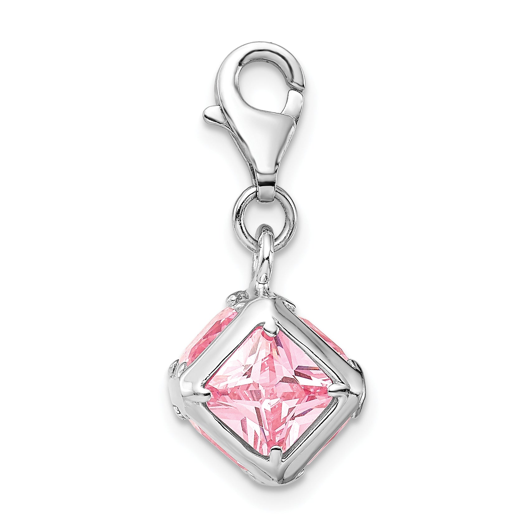 Sterling Silver Rhodium plated 3-D Pink CZ w/Lobster Clasp Charm