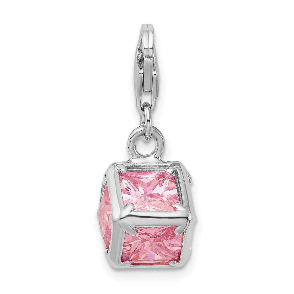 Sterling Silver Rhodium plated 3-D Pink CZ w/Lobster Clasp Charm
