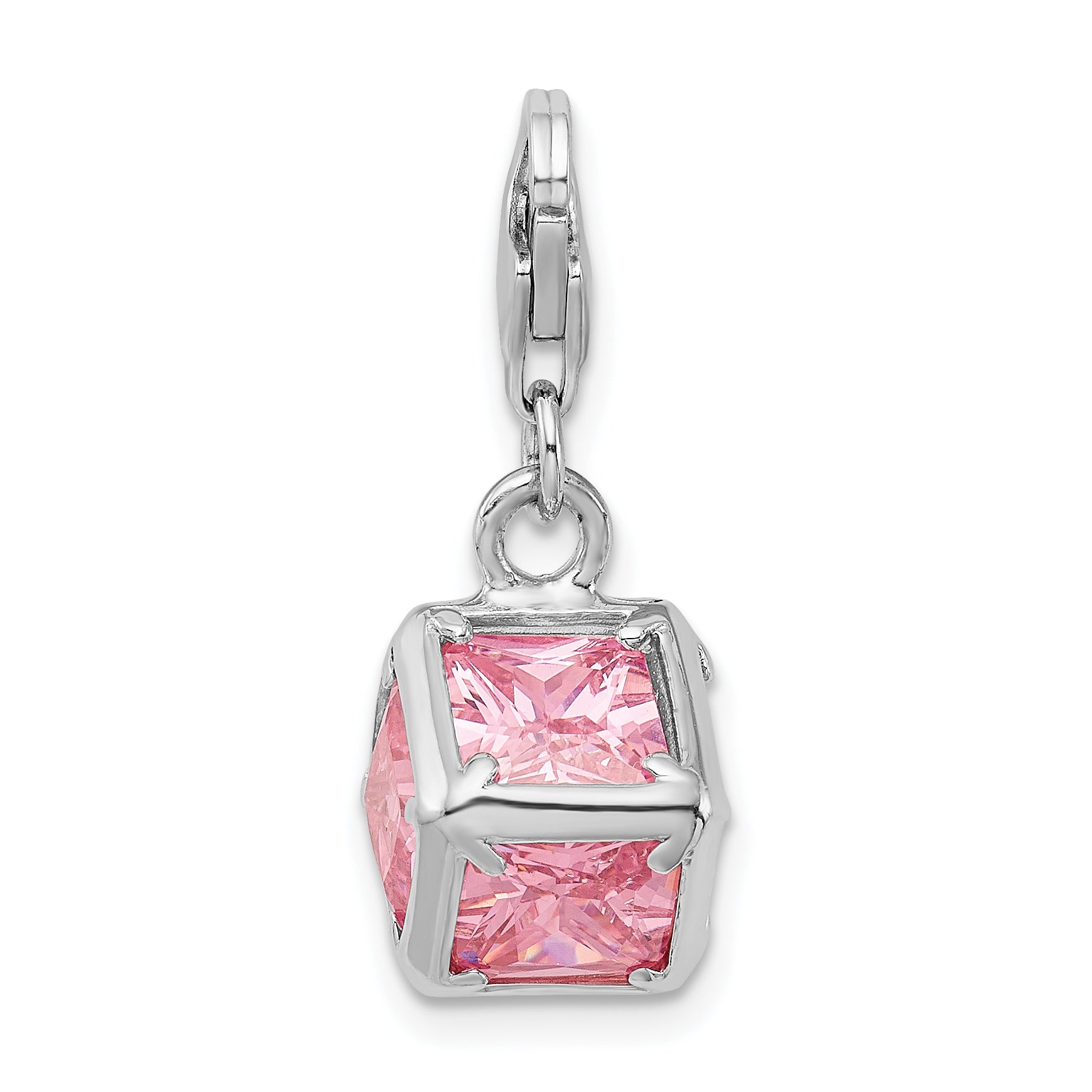 Sterling Silver Rhodium plated 3-D Pink CZ w/Lobster Clasp Charm