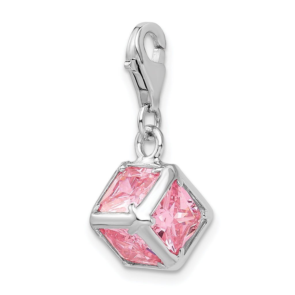 Sterling Silver Rhodium plated 3-D Pink CZ w/Lobster Clasp Charm