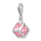 Sterling Silver Rhodium plated 3-D Pink CZ w/Lobster Clasp Charm