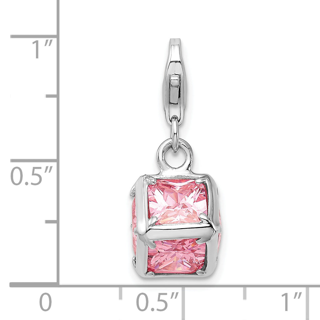 Sterling Silver Rhodium plated 3-D Pink CZ w/Lobster Clasp Charm
