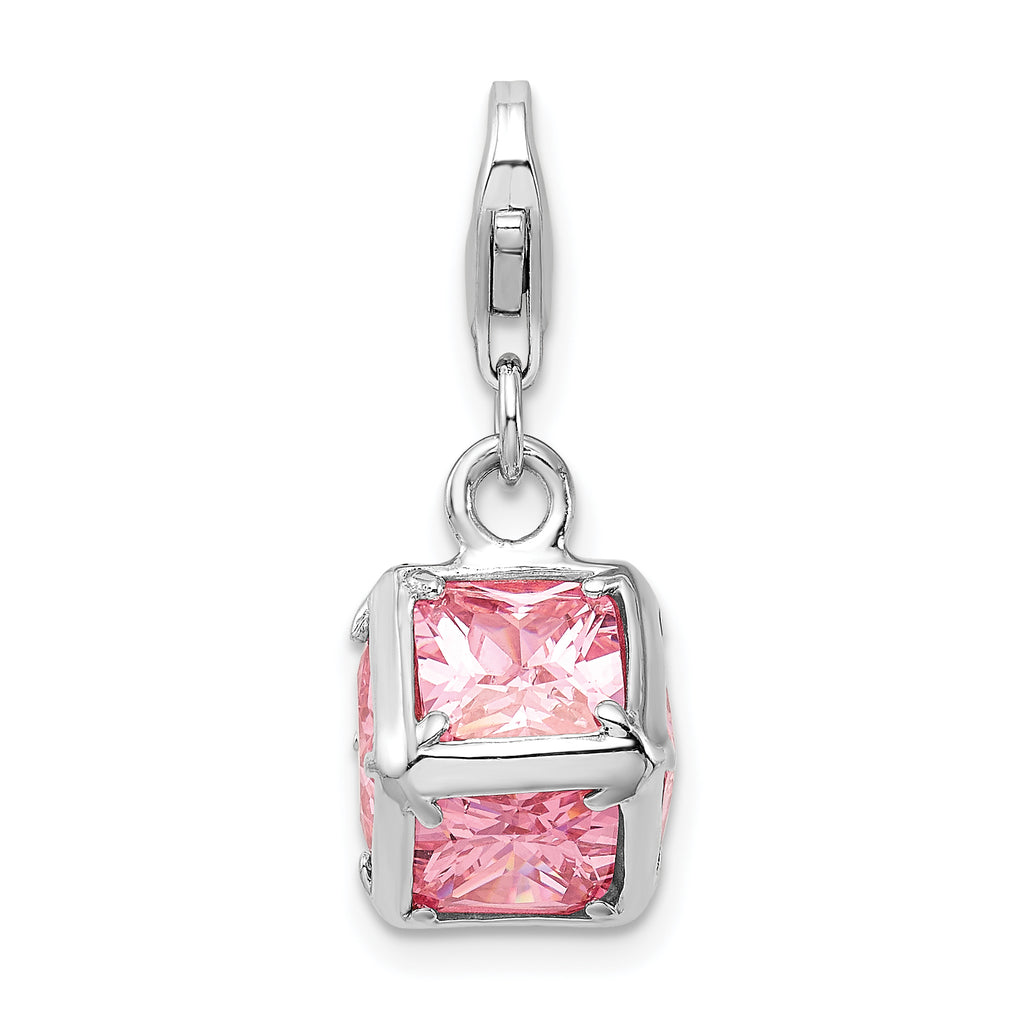 Amore La Vita Sterling Silver Rhodium-plated Polished 3-D Pink CZ Cube Charm with Fancy Lobster Clasp