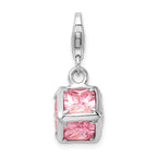 Amore La Vita Sterling Silver Rhodium-plated Polished 3-D Pink CZ Cube Charm with Fancy Lobster Clasp