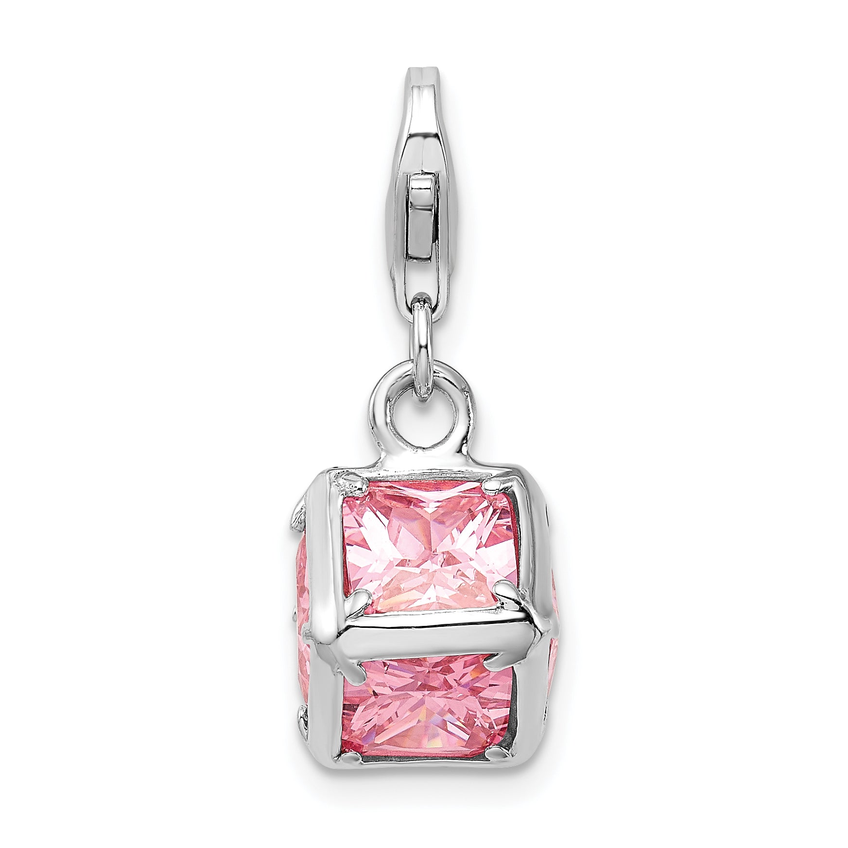 Amore La Vita Sterling Silver Rhodium-plated Polished 3-D Pink CZ Cube Charm with Fancy Lobster Clasp