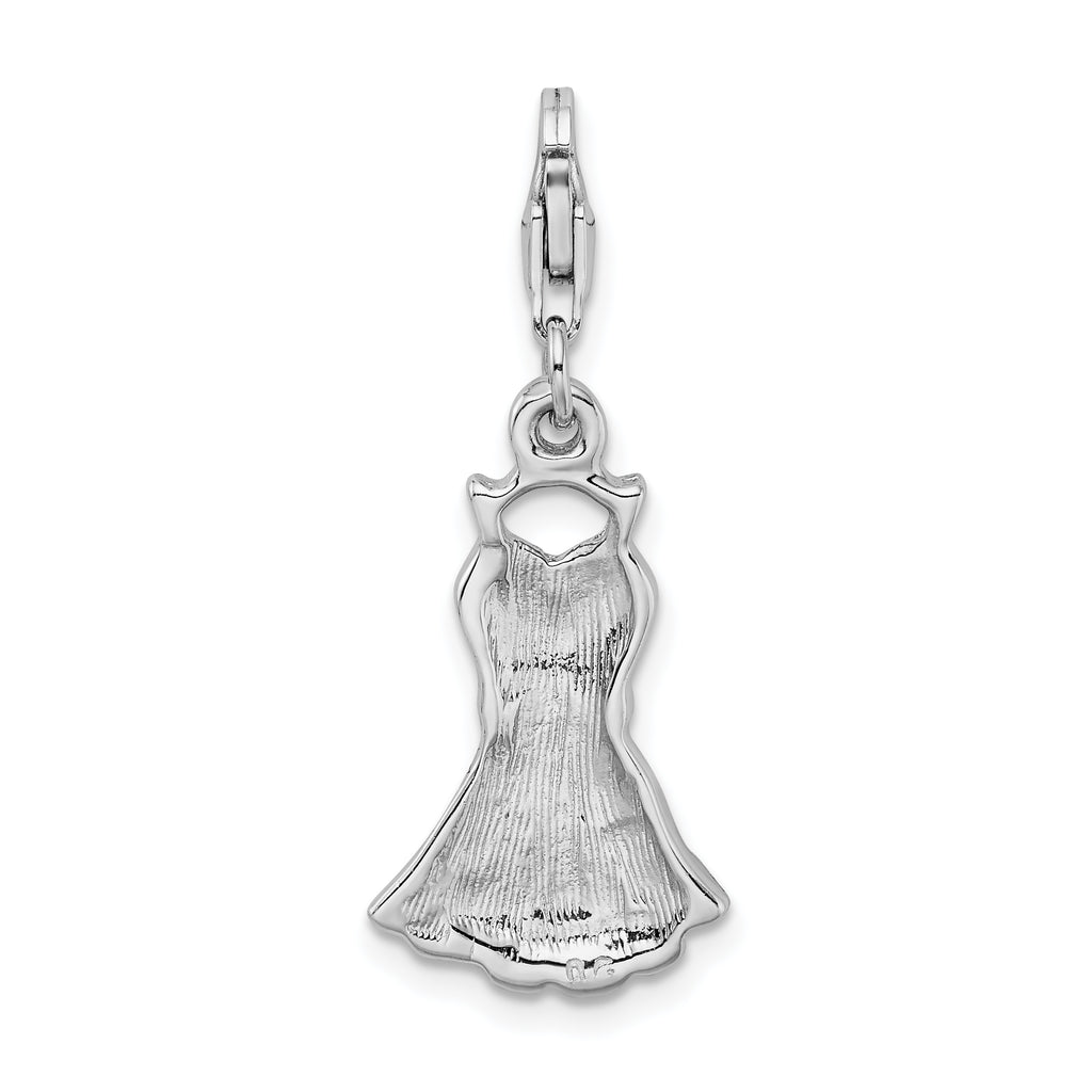 Sterling Silver Rhodium-plated CZ Enameled Dress With Lobster Clasp Charm