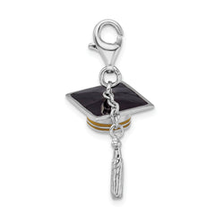 Amore La Vita Sterling Silver Rhodium-plated and Gold-tone Polished 3-D Moveable Enameled Graduation Cap and Tassel Charm with Fancy Lobster Clasp