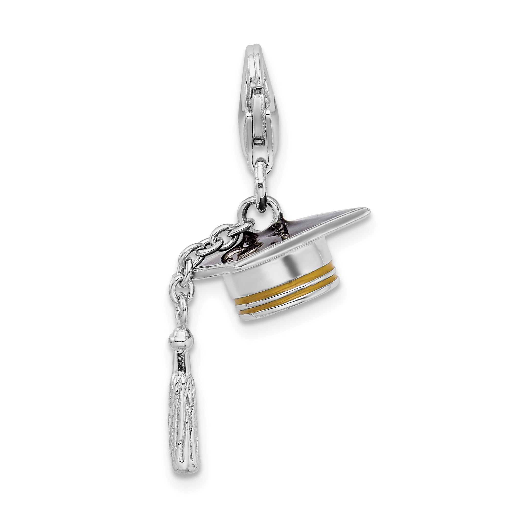 Amore La Vita Sterling Silver Rhodium-plated and Gold-tone Polished 3-D Moveable Enameled Graduation Cap and Tassel Charm with Fancy Lobster Clasp