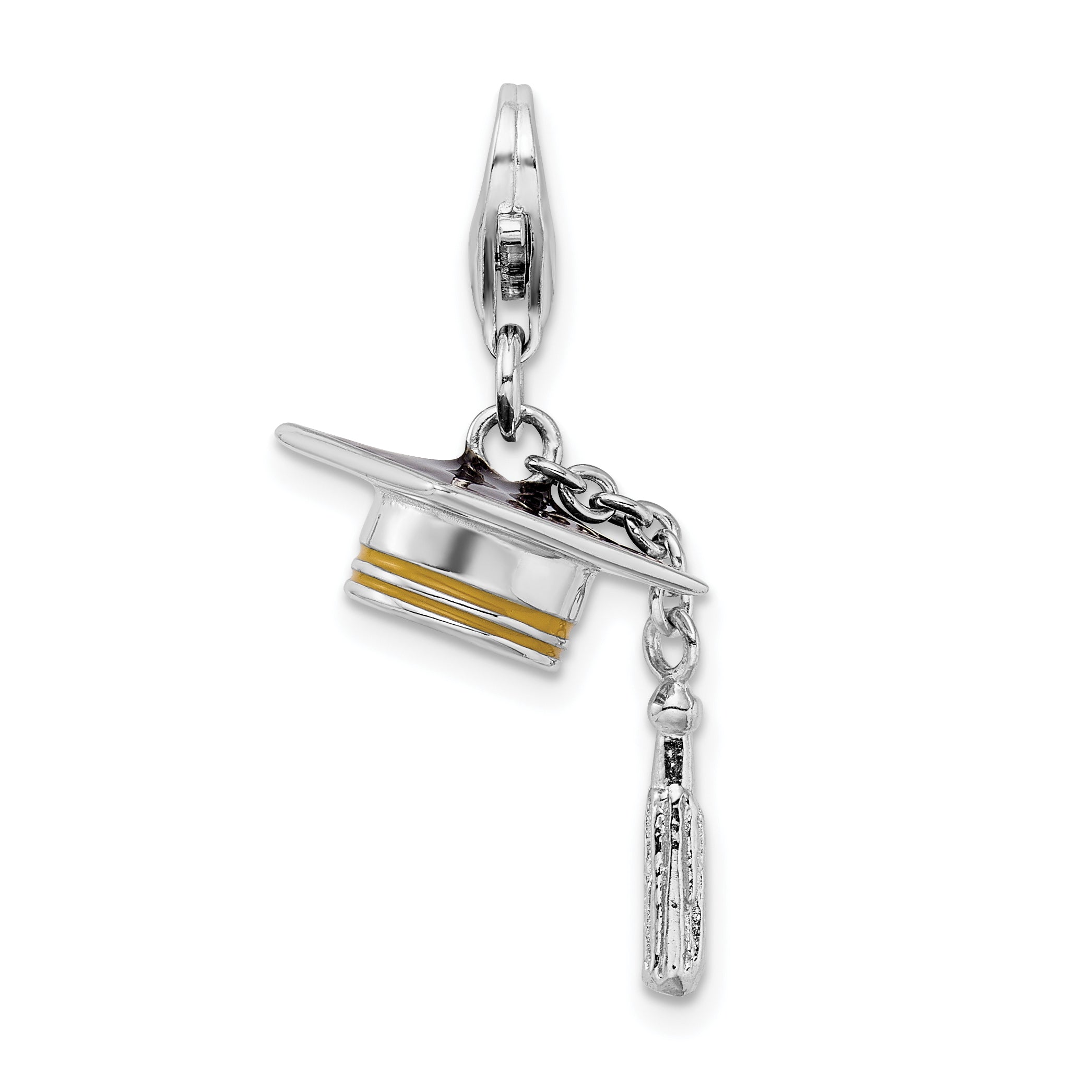 Amore La Vita Sterling Silver Rhodium-plated and Gold-tone Polished 3-D Moveable Enameled Graduation Cap and Tassel Charm with Fancy Lobster Clasp