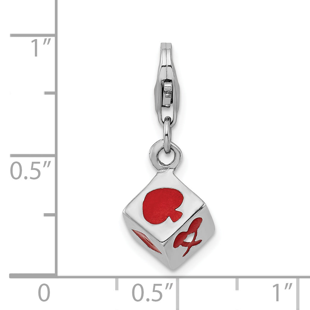 Sterling Silver Rhodium-plated 3-D Enameled Die With Lobster Clasp Charm