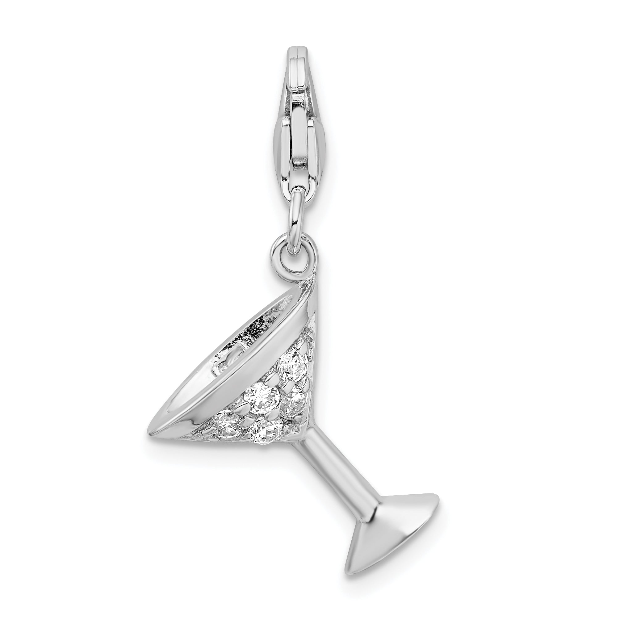 Amore La Vita Sterling Silver Rhodium-plated Polished 3-D CZ Martini Glass Charm with Fancy Lobster Clasp