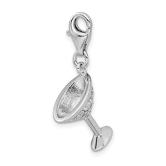 Amore La Vita Sterling Silver Rhodium-plated Polished 3-D CZ Martini Glass Charm with Fancy Lobster Clasp