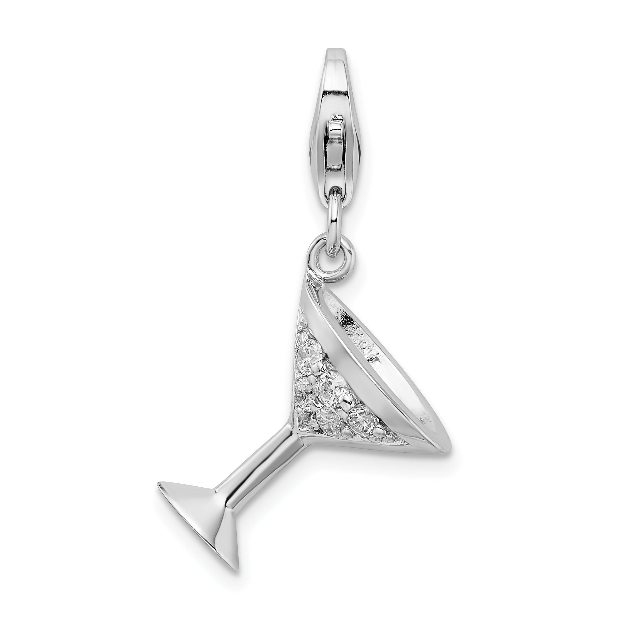 Amore La Vita Sterling Silver Rhodium-plated Polished 3-D CZ Martini Glass Charm with Fancy Lobster Clasp