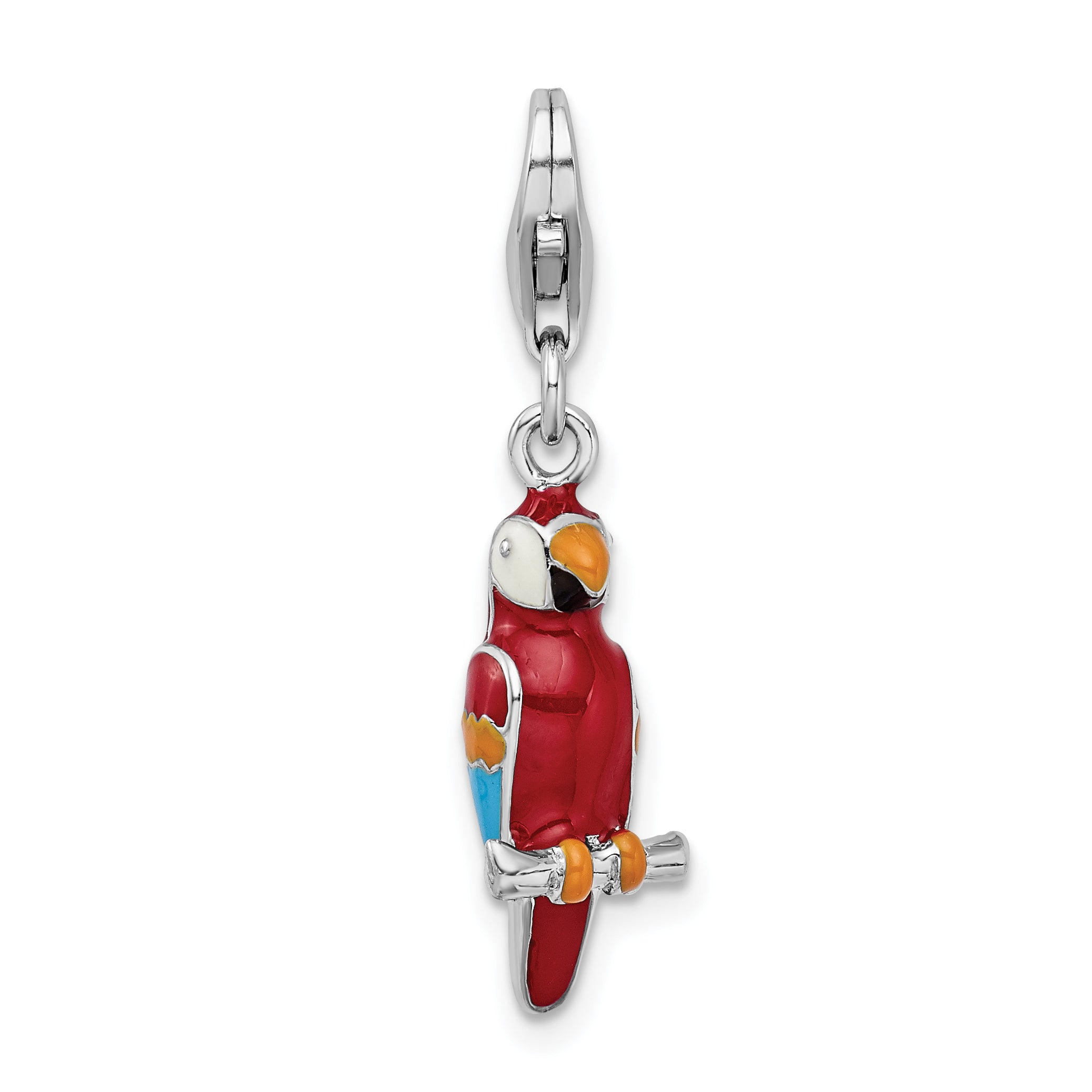 Amore La Vita Sterling Silver Rhodium-plated Polished 3-D Enameled Parrot Charm with Fancy Lobster Clasp Main image