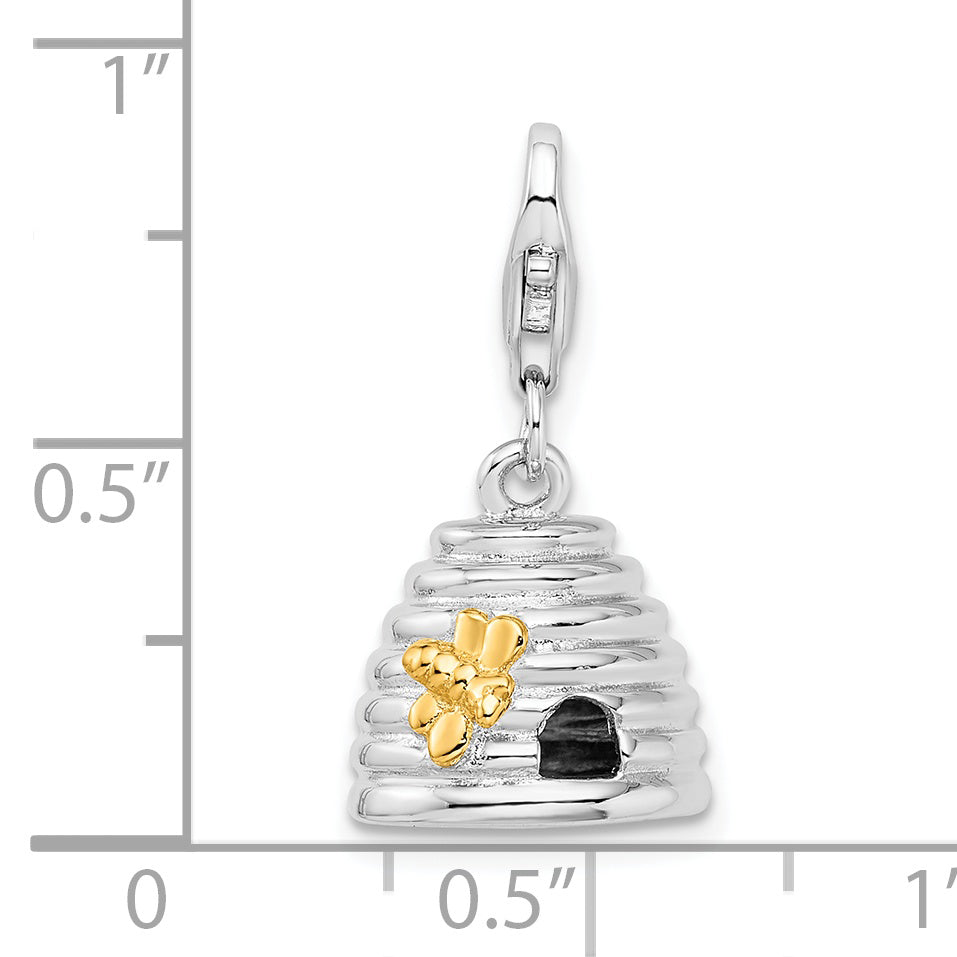 Amore La Vita Sterling Silver Rhodium-plated and Gold-plated Polished 3-D Beehive Charm with Fancy Lobster Clasp