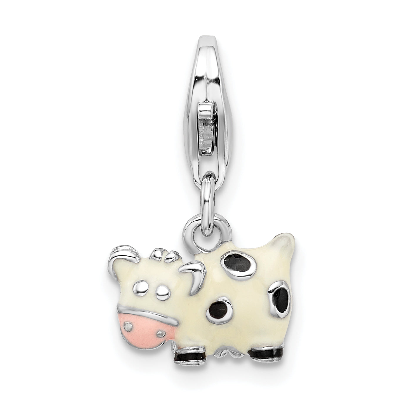Amore La Vita Sterling Silver Rhodium-plated Polished 3-D Enameled Cow Charm with Fancy Lobster Clasp Main image