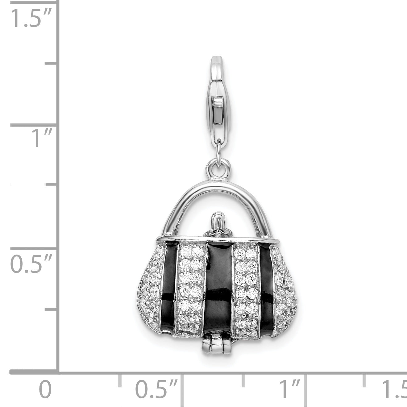 Sterling Silver Black Enameled CZ Handbag w/Lobster Clasp Charm