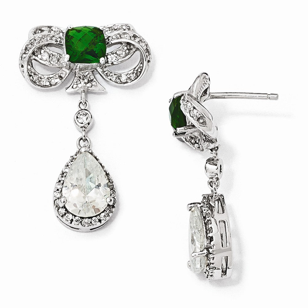 Sterling Silver Bow w/Glass Sim Emerald & CZ Post Dangle Earrings