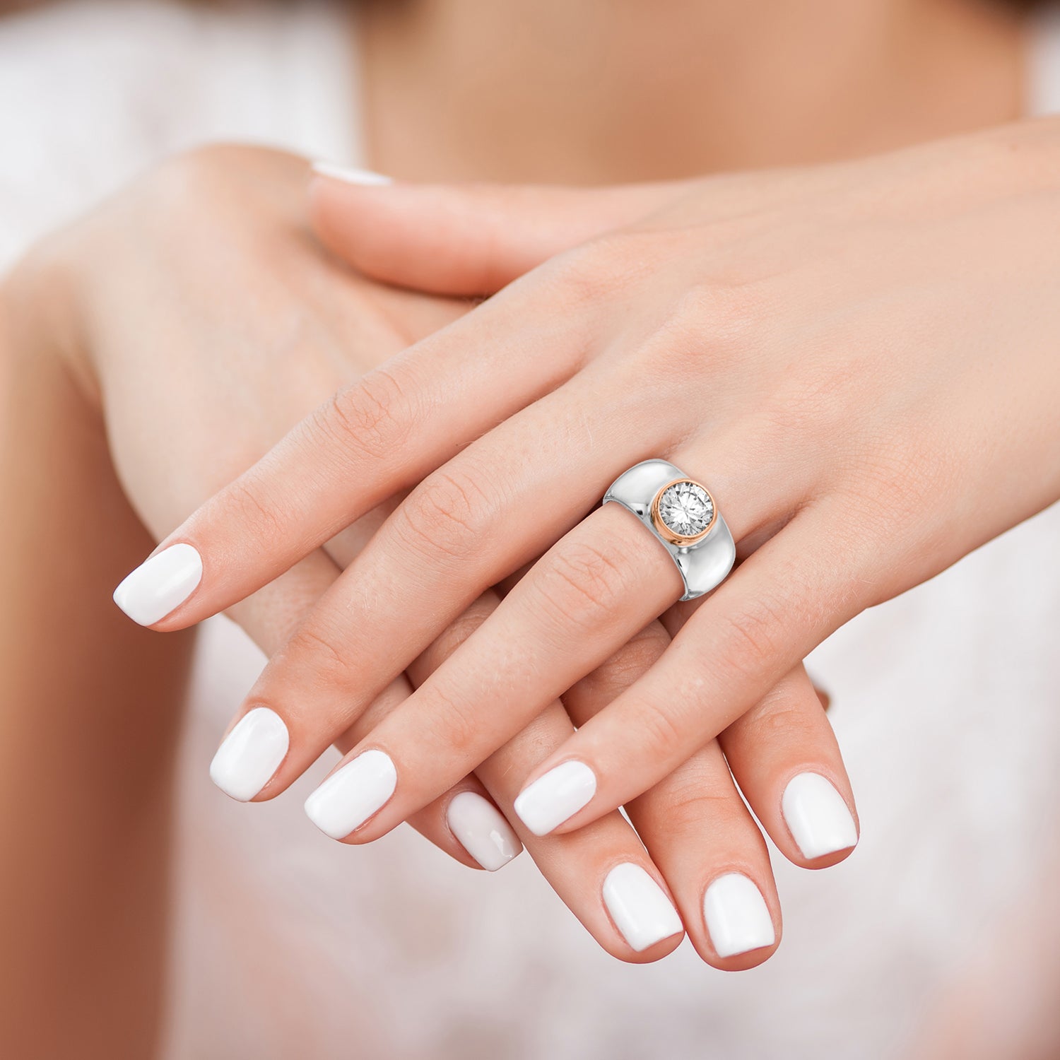 Cheryl M Sterling Silver Rhodium-plated and Rose Gold-plated Accent Brilliant-cut CZ Bezel Ring