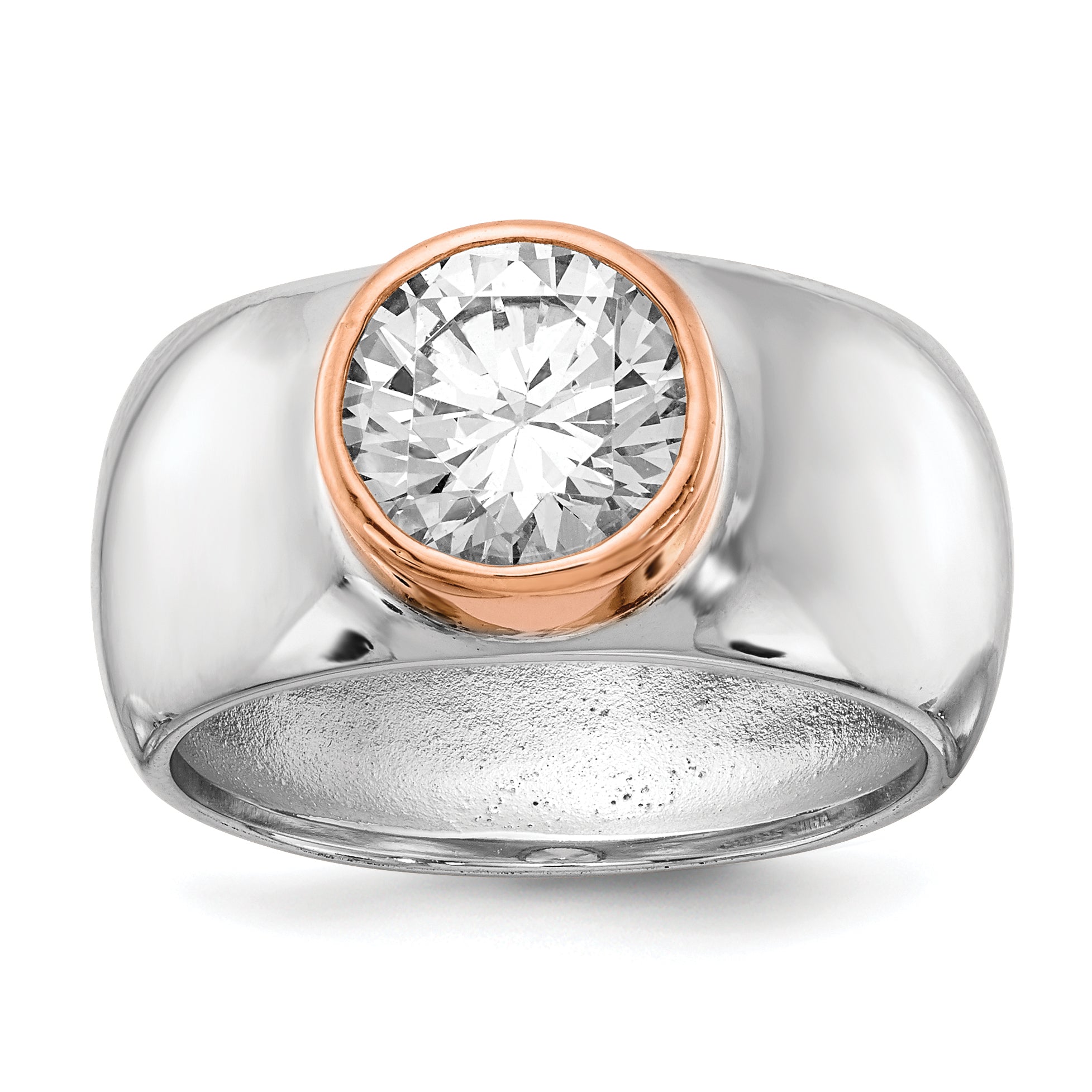 Cheryl M Sterling Silver Rhodium-plated and Rose Gold-plated Accent Brilliant-cut CZ Bezel Ring