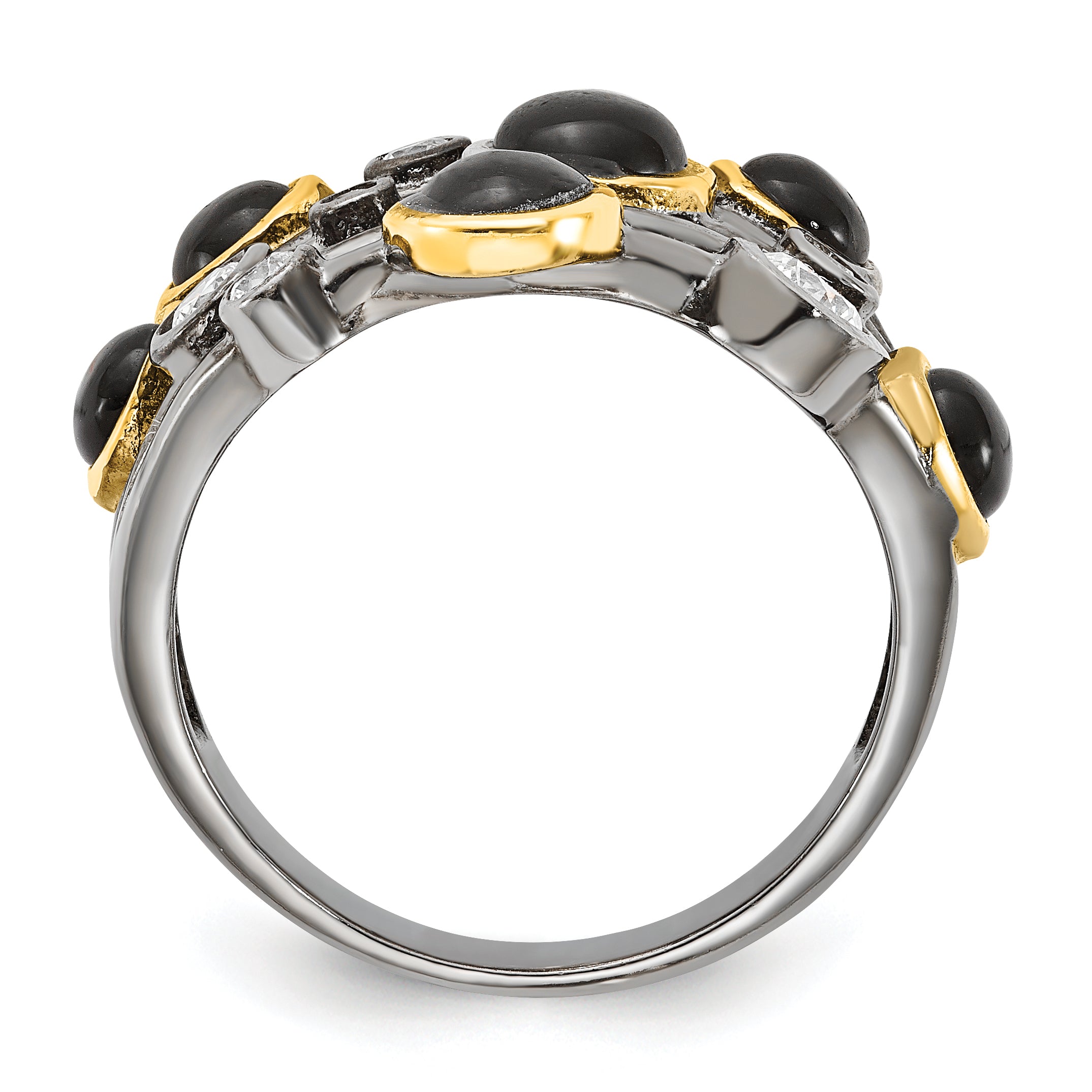 Cheryl M Sterling Silver Black Rhodium WithGold-Plating Onyx & CZ Ring