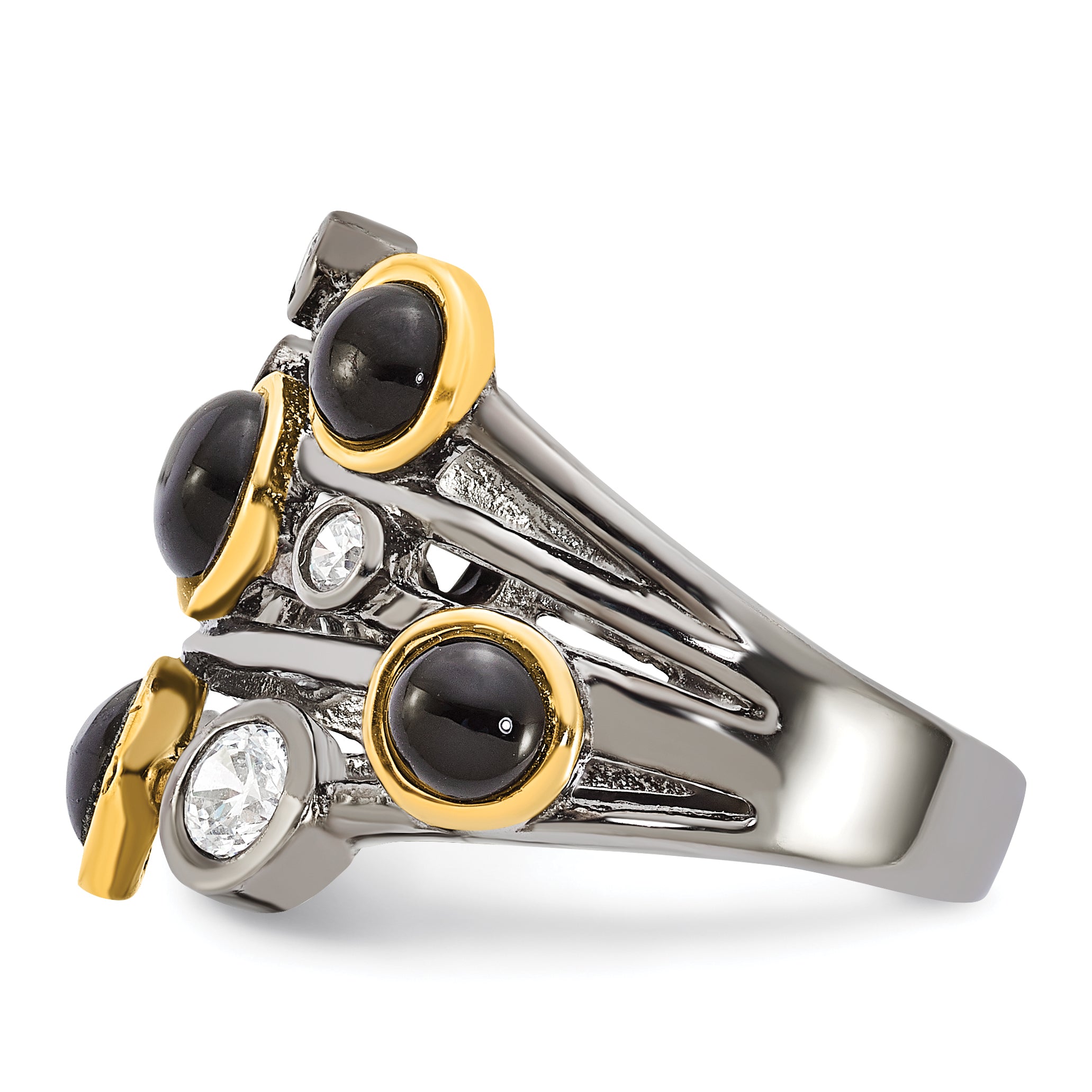 Cheryl M Sterling Silver Black Rhodium WithGold-Plating Onyx & CZ Ring