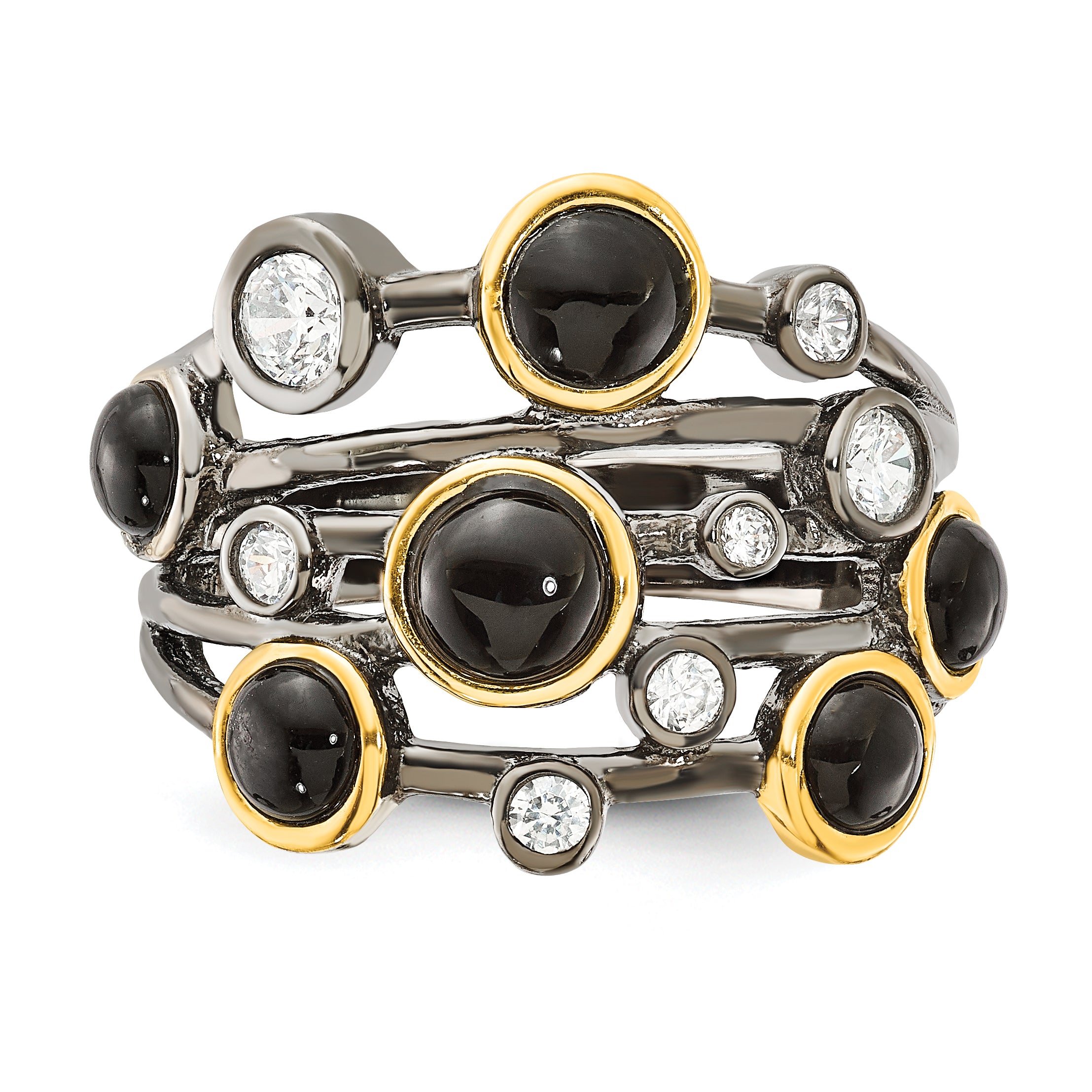 Cheryl M Sterling Silver Black Rhodium WithGold-Plating Onyx & CZ Ring