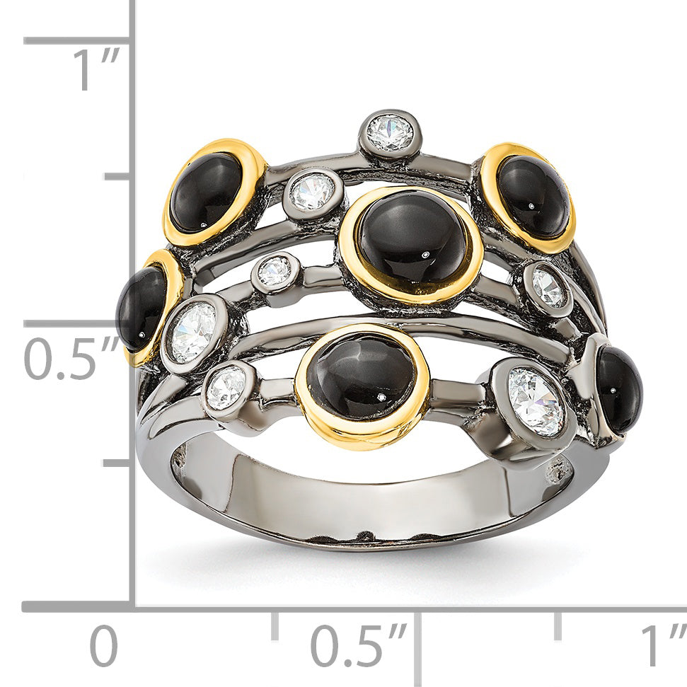 Cheryl M Sterling Silver Black Rhodium WithGold-Plating Onyx & CZ Ring