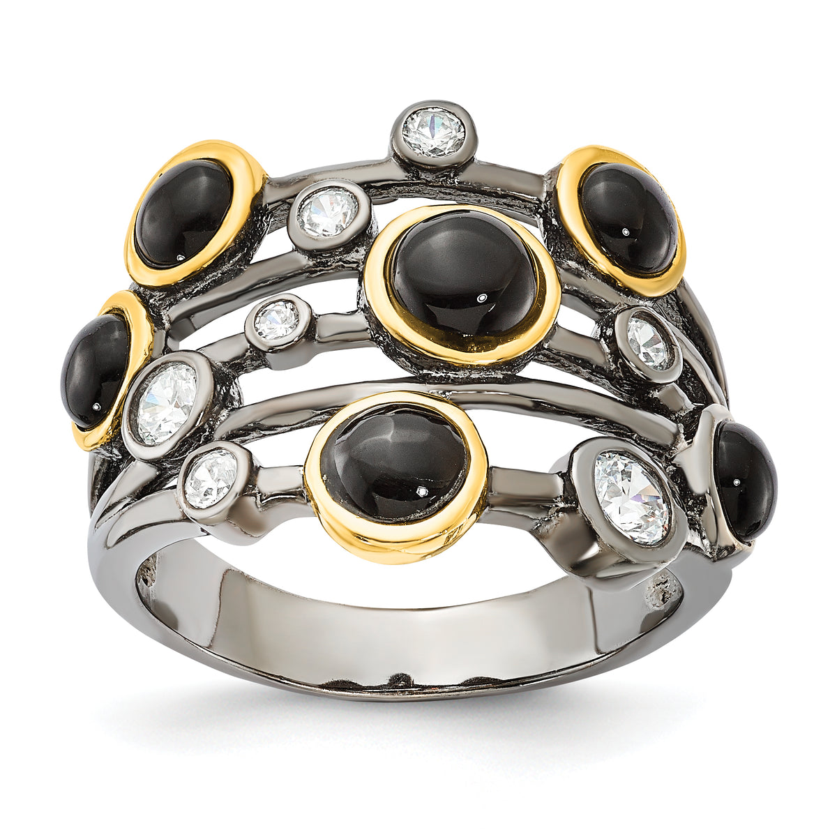 Cheryl M Sterling Silver Black Rhodium WithGold-Plating Onyx & CZ Ring