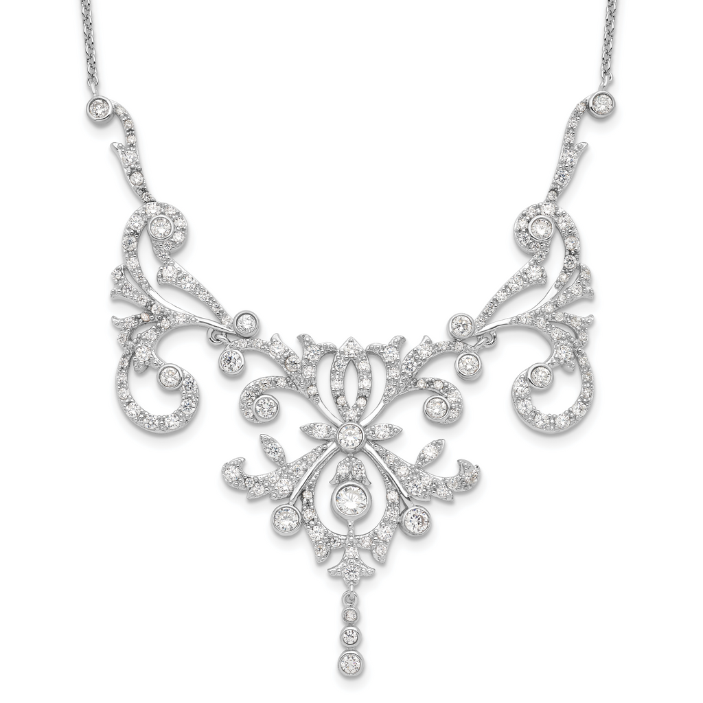 Cheryl M Sterling Silver Rhodium-plated Brilliant-cut CZ Bezel Fancy Scroll 17 Inch Necklace with 2 Inch Extender