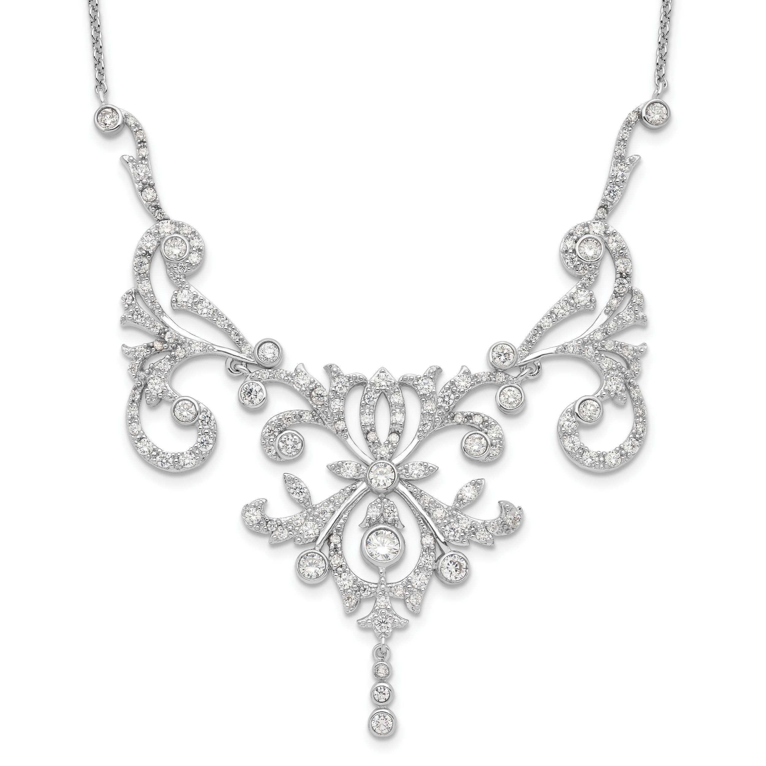Cheryl M Sterling Silver Rhodium-plated Brilliant-cut CZ Bezel Fancy Scroll 17 Inch Necklace with 2 Inch Extender